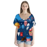 Usa 4th July America Independence Day V-Neck Flutter Sleeve Top