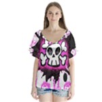 Cartoon Skull V-Neck Flutter Sleeve Top