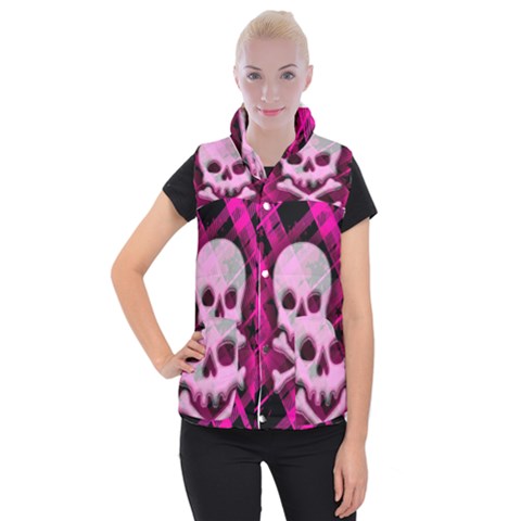 Pink Plaid Skull Women s Button Up Vest from ArtsNow.com