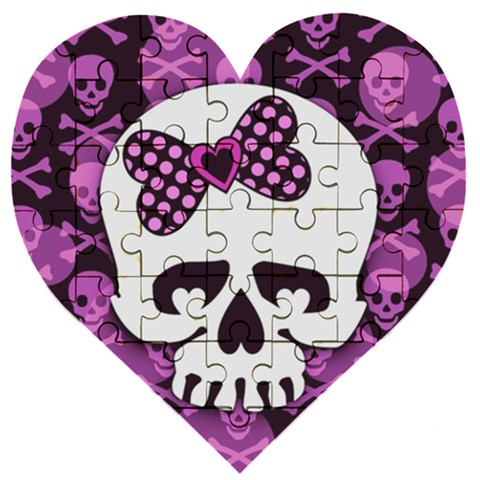 Pink Polka Dot Bow Skull Wooden Puzzle Heart from ArtsNow.com