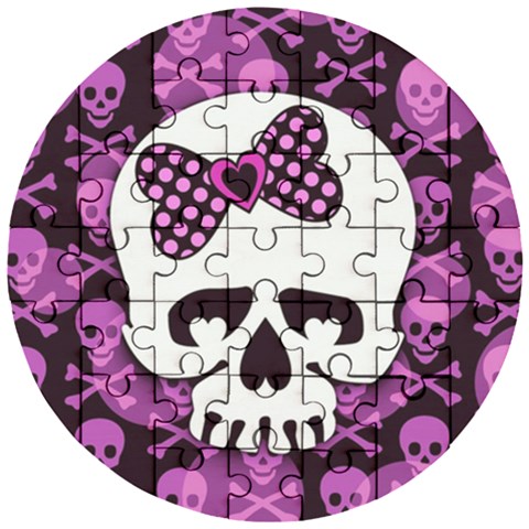 Pink Polka Dot Bow Skull Wooden Puzzle Round from ArtsNow.com