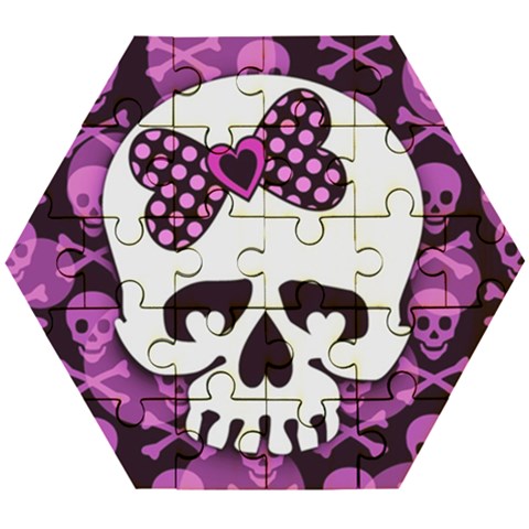 Pink Polka Dot Bow Skull Wooden Puzzle Hexagon from ArtsNow.com