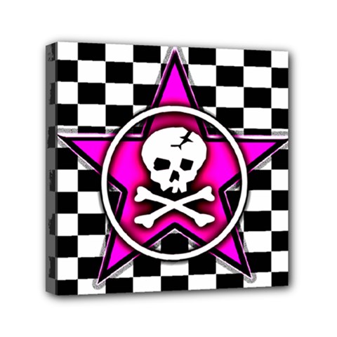 Pink Star Skull Checker Mini Canvas 6  x 6  (Stretched) from ArtsNow.com