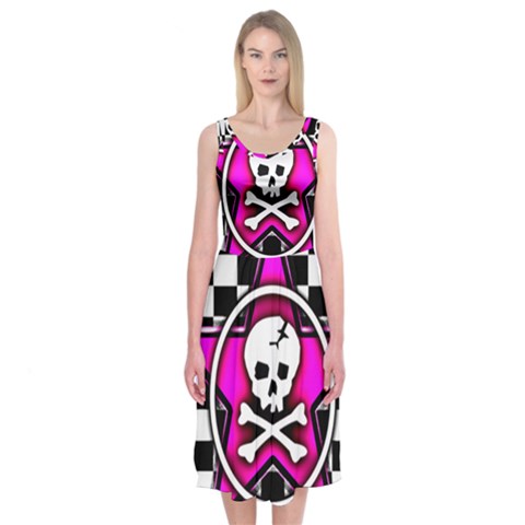 Pink Star Skull Checker Midi Sleeveless Dress from ArtsNow.com