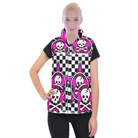 Pink Star Skull Checker Women s Button Up Vest from ArtsNow.com