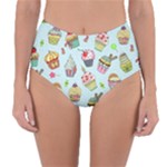 Cupcake Doodle Pattern Reversible High-Waist Bikini Bottoms