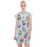 Cupcake Doodle Pattern Cap Sleeve Bodycon Dress