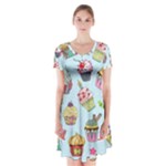 Cupcake Doodle Pattern Short Sleeve V-neck Flare Dress