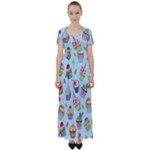 Cupcake Doodle Pattern High Waist Short Sleeve Maxi Dress