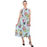 Cupcake Doodle Pattern Midi Tie-Back Chiffon Dress