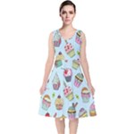 Cupcake Doodle Pattern V-Neck Midi Sleeveless Dress 