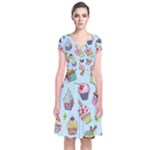 Cupcake Doodle Pattern Short Sleeve Front Wrap Dress