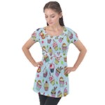 Cupcake Doodle Pattern Puff Sleeve Tunic Top