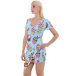 Cupcake Doodle Pattern Short Sleeve Asymmetric Mini Dress