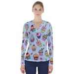 Cupcake Doodle Pattern V-Neck Long Sleeve Top