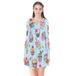 Cupcake Doodle Pattern Long Sleeve V-neck Flare Dress