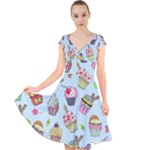 Cupcake Doodle Pattern Cap Sleeve Front Wrap Midi Dress