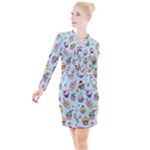 Cupcake Doodle Pattern Button Long Sleeve Dress