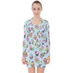 Cupcake Doodle Pattern V-neck Bodycon Long Sleeve Dress