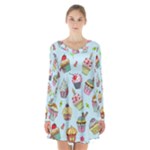 Cupcake Doodle Pattern Long Sleeve Velvet V-neck Dress