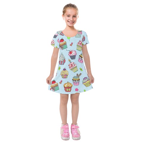 Cupcake Doodle Pattern Kids  Short Sleeve Velvet Dress from ArtsNow.com