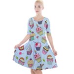 Cupcake Doodle Pattern Quarter Sleeve A-Line Dress