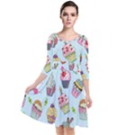 Cupcake Doodle Pattern Quarter Sleeve Waist Band Dress