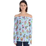 Cupcake Doodle Pattern Off Shoulder Long Sleeve Top