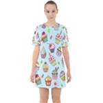 Cupcake Doodle Pattern Sixties Short Sleeve Mini Dress