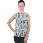 Cupcake Doodle Pattern Mock Neck Chiffon Sleeveless Top