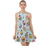 Cupcake Doodle Pattern Halter Tie Back Chiffon Dress