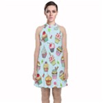 Cupcake Doodle Pattern Velvet Halter Neckline Dress 