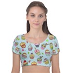 Cupcake Doodle Pattern Velvet Short Sleeve Crop Top 