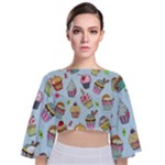 Cupcake Doodle Pattern Tie Back Butterfly Sleeve Chiffon Top