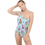 Cupcake Doodle Pattern Frilly One Shoulder Swimsuit