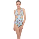 Cupcake Doodle Pattern Halter Front Plunge Swimsuit