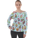 Cupcake Doodle Pattern Off Shoulder Long Sleeve Velour Top