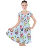 Cupcake Doodle Pattern Cap Sleeve Midi Dress