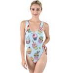 Cupcake Doodle Pattern High Leg Strappy Swimsuit