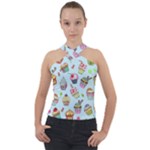 Cupcake Doodle Pattern Cross Neck Velour Top