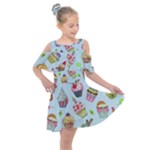 Cupcake Doodle Pattern Kids  Shoulder Cutout Chiffon Dress