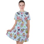 Cupcake Doodle Pattern Short Sleeve Shoulder Cut Out Dress 