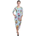 Cupcake Doodle Pattern Quarter Sleeve Midi Velour Bodycon Dress