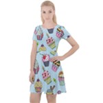 Cupcake Doodle Pattern Cap Sleeve Velour Dress 