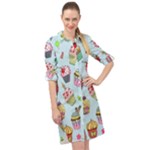 Cupcake Doodle Pattern Long Sleeve Mini Shirt Dress