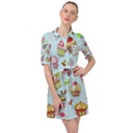 Cupcake Doodle Pattern Belted Shirt Dress