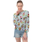 Cupcake Doodle Pattern Banded Bottom Chiffon Top