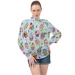 Cupcake Doodle Pattern High Neck Long Sleeve Chiffon Top