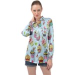 Cupcake Doodle Pattern Long Sleeve Satin Shirt