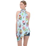 Cupcake Doodle Pattern Halter Asymmetric Satin Top